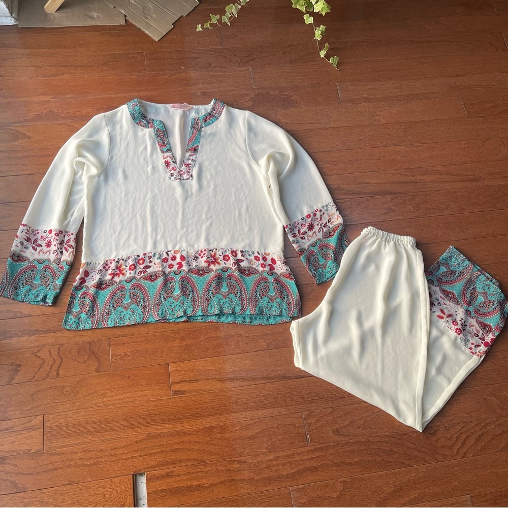 Fashion Bug Enchanted Sheer Pajamas Teal Red Paisley Print Trim Size Small